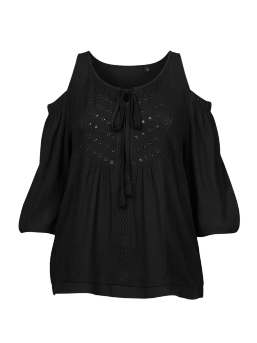 new Hale Bob ༄ Shaina Silk Crochet Cotton Voile Cold Shoulder Top ༄ Black XS - Picture 6 of 16